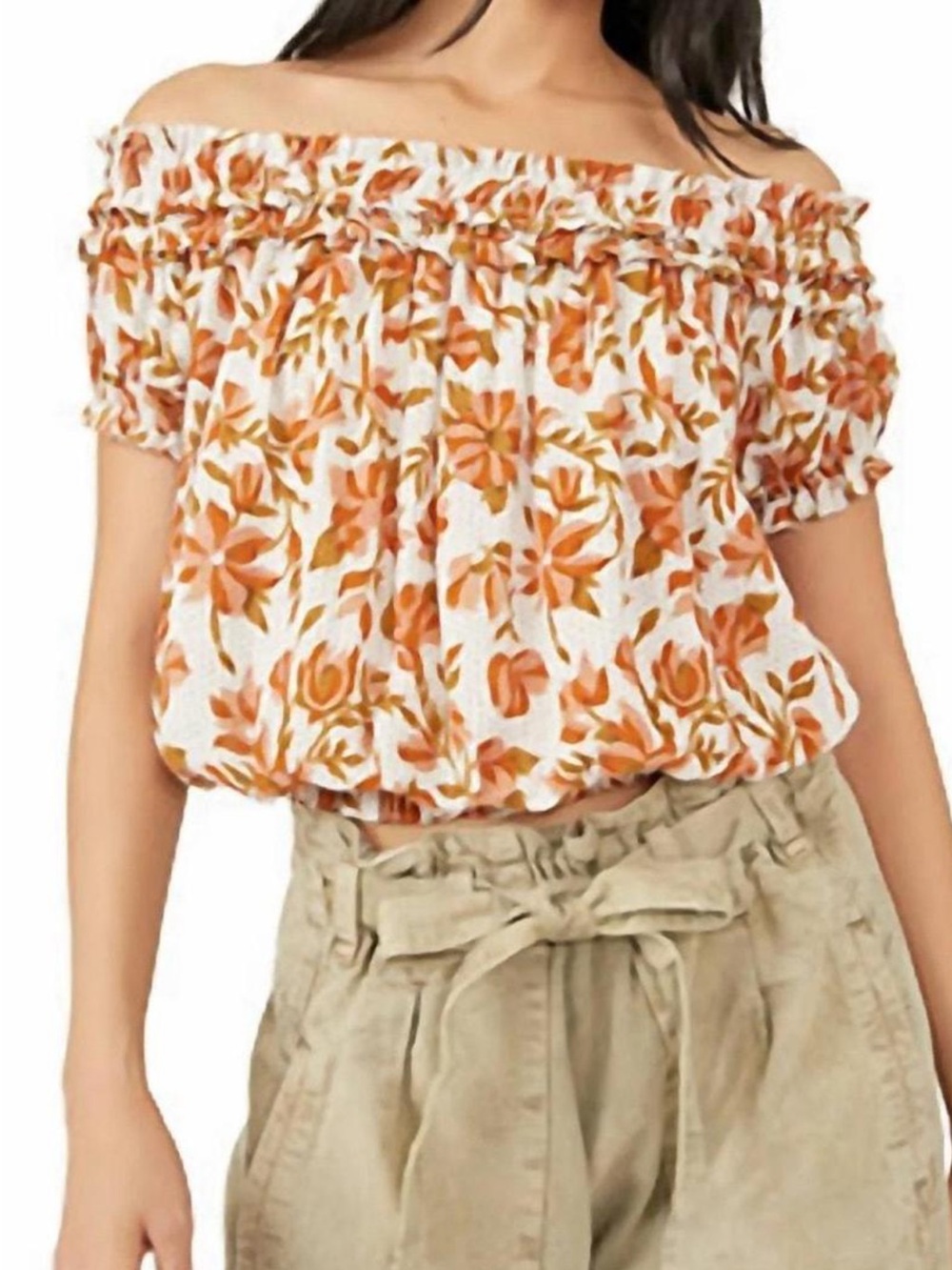 Free People Off-Shoulder Floral Crop Top in Orange brown and White